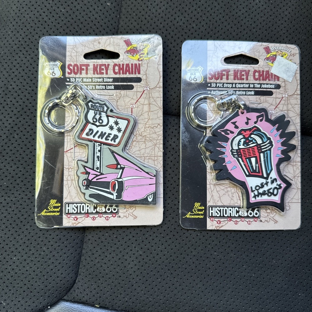 2 Vintage 1998 Route 66 Nostalgic Editions 3D Soft Keychain Set- 50's Retro NIP